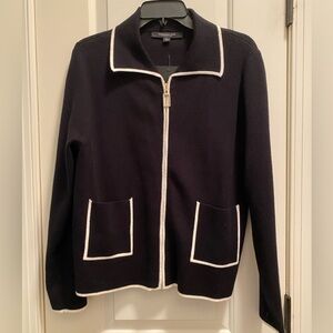 Marc New York Black zip front collared sweater w ivory edges L NWT